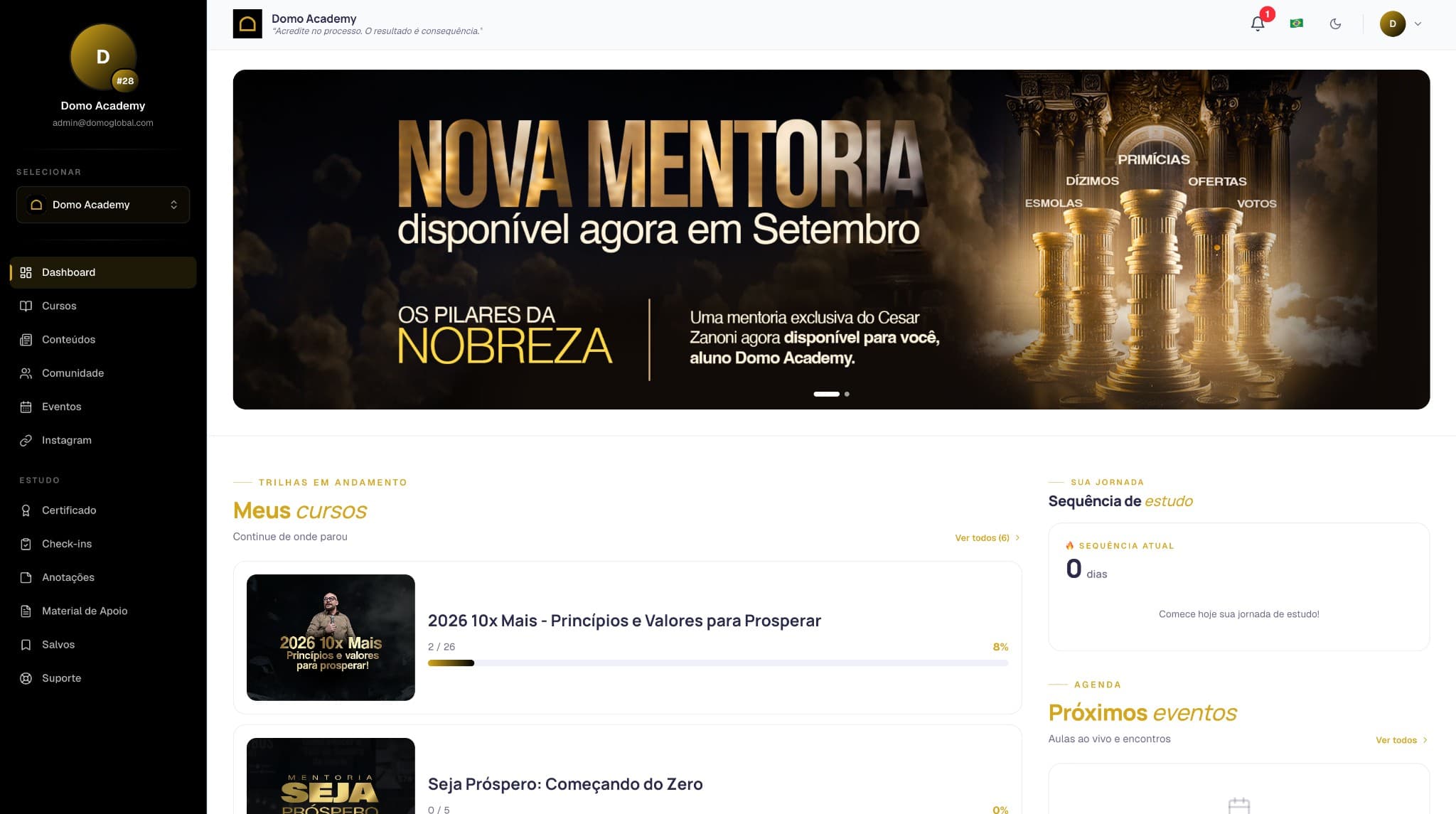 Painel do aluno da DOMO Academy, com cursos em andamento e agenda de encontros
